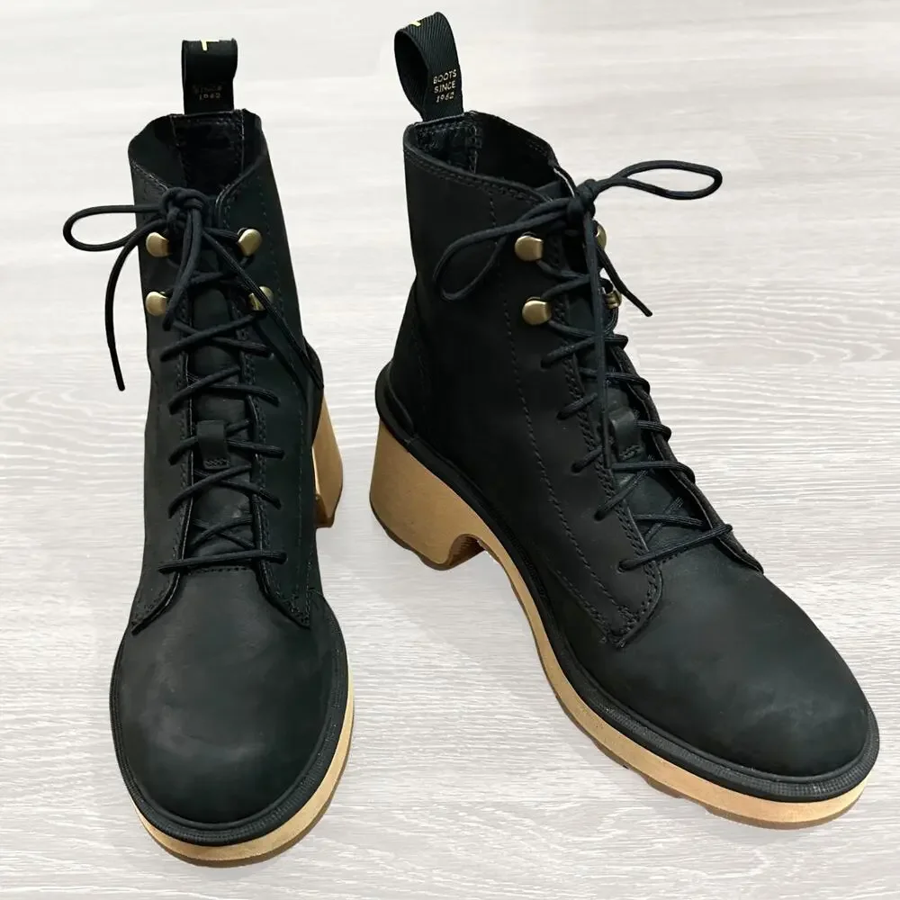 Sorel Hi-Line Heel Lace Boot Black Leather Lug Sole Block Heel Size 7.5 New NWOB